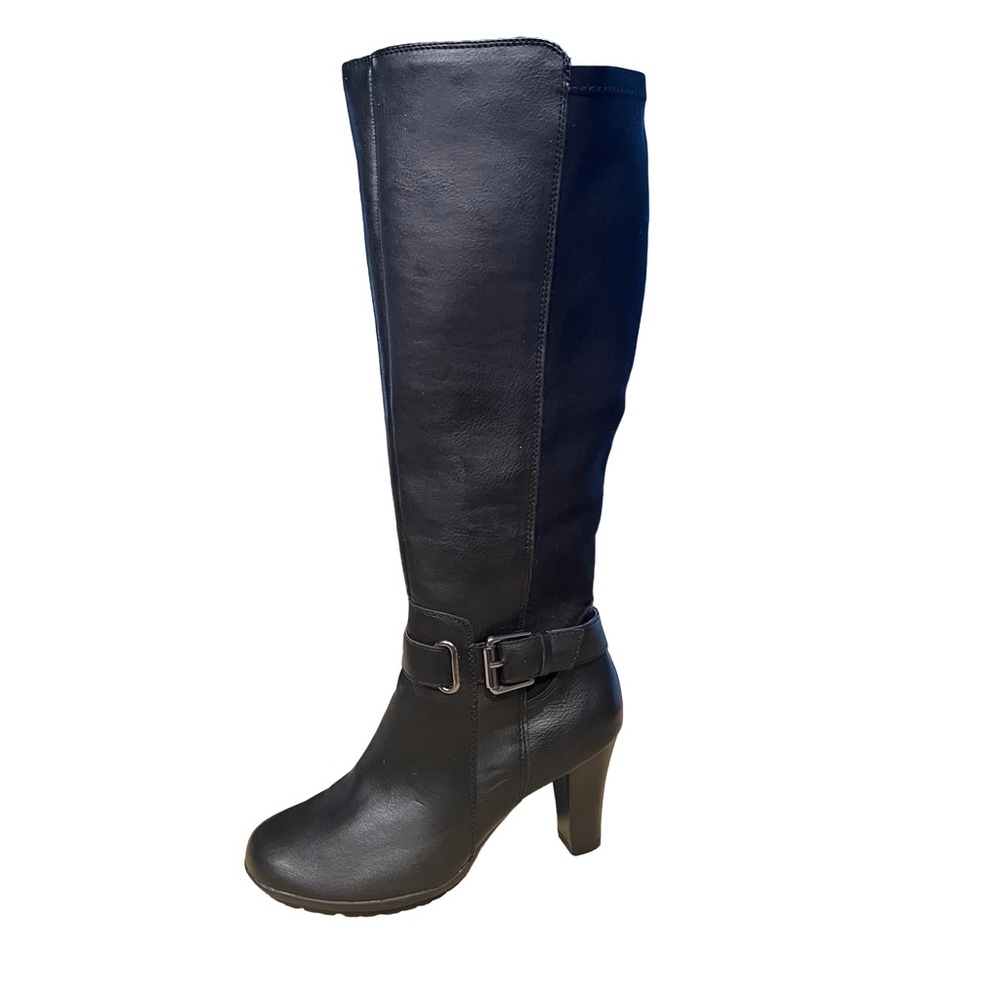 Aerosoles Black Tall Heeled Boot Sz 6 Double Zip Faux Leather/Stretch Fabric EUC